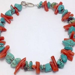 Vintage Sterling Silver Coral & Turquoise Beaded B